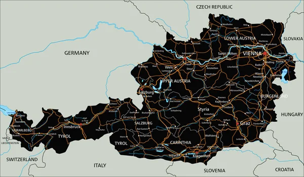 Высокая Детальная Карта Австрии Маркировкой — стоковый вектор