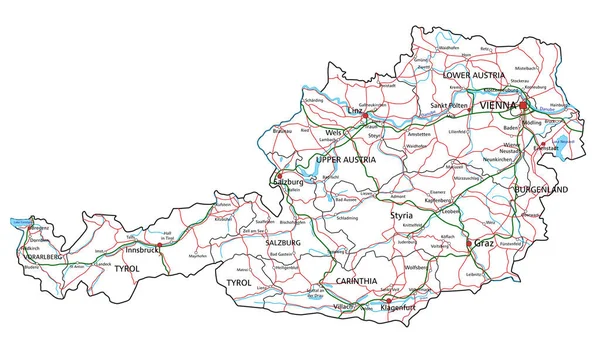 Etiketli Yüksek Detaylı Avusturya Yol Haritası — Stok Vektör