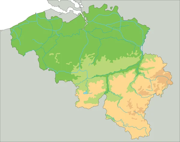 Velmi Podrobná Fyzická Mapa Belgie — Stockový vektor