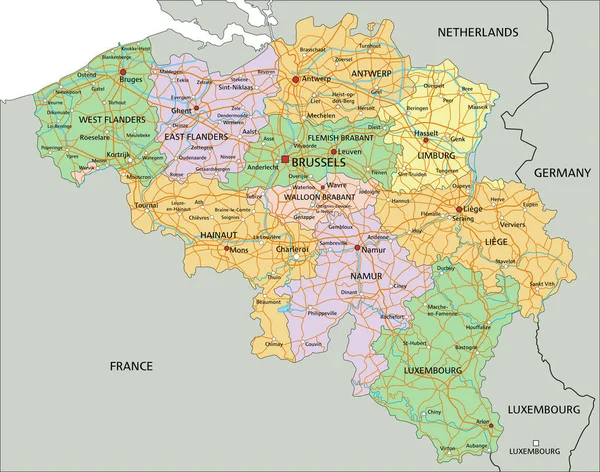 Belgien Sehr Detaillierte Editierbare Politische Landkarte Mit Beschriftung — Stockvektor