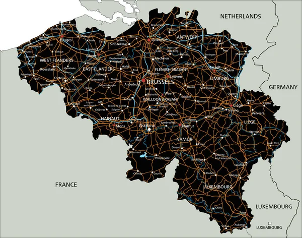Mapa Estrada Detalhado Bélgica Com Rotulagem —  Vetores de Stock
