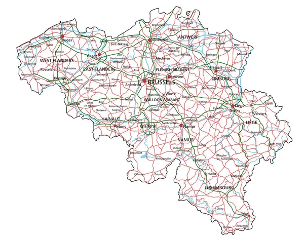 Belgie Silniční Dálniční Mapa Vektorová Ilustrace — Stockový vektor