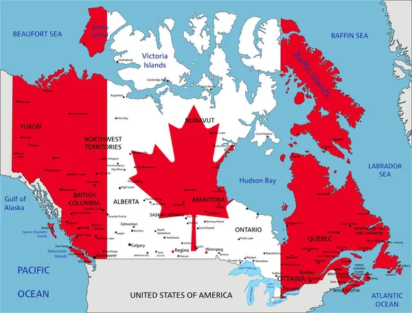 Canadá Mapa Político Altamente Detallado Con Bandera Nacional Aislada Sobre — Vector de stock