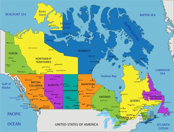 Colorido Mapa Político Canadá Con Capas Claramente Etiquetadas Separadas Ilustración — Archivo Imágenes Vectoriales