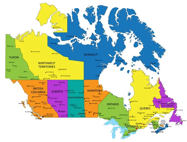 色鮮やかなカナダの政治地図を明確にラベル付けされ 分離層 ベクターイラスト — ストックベクタ