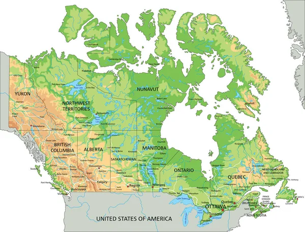 ラベル付きの詳細なカナダの物理地図 — ストックベクタ