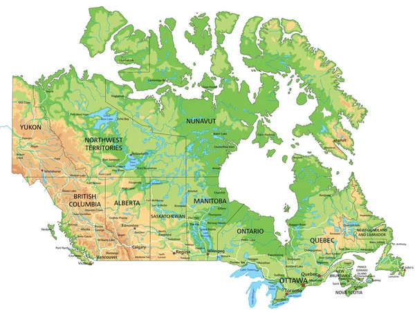 Alto Mapa Físico Detallado Canadá Con Etiquetado — Vector de stock