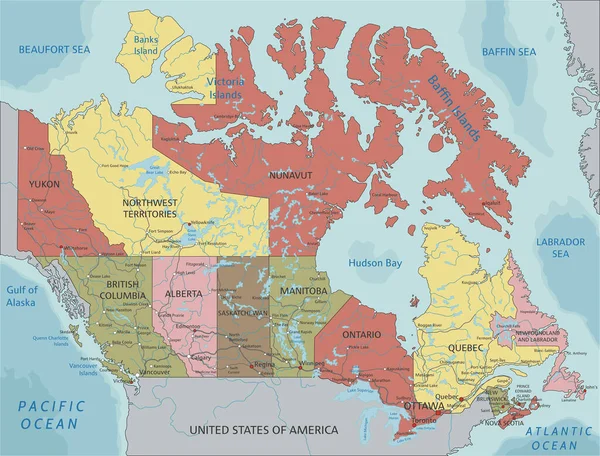 詳細なカナダの政治地図 — ストックベクタ