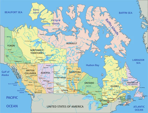 カナダ ラベル付きの非常に詳細な編集可能な政治地図 — ストックベクタ