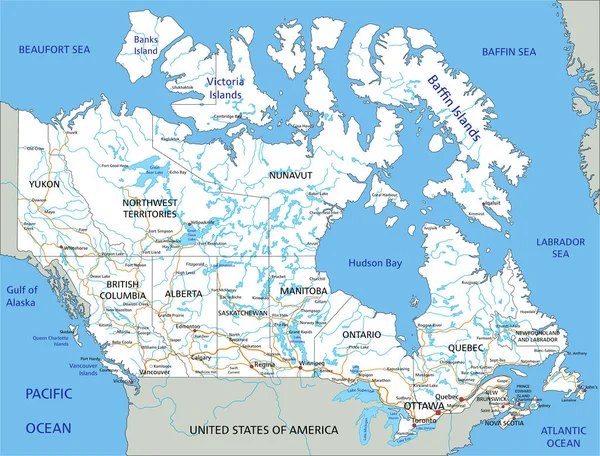 ラベル付きの高詳細カナダ道路地図 — ストックベクタ