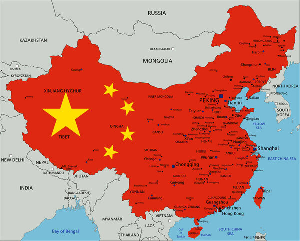 Китай очень подробная политическая карта с национальным флагом.