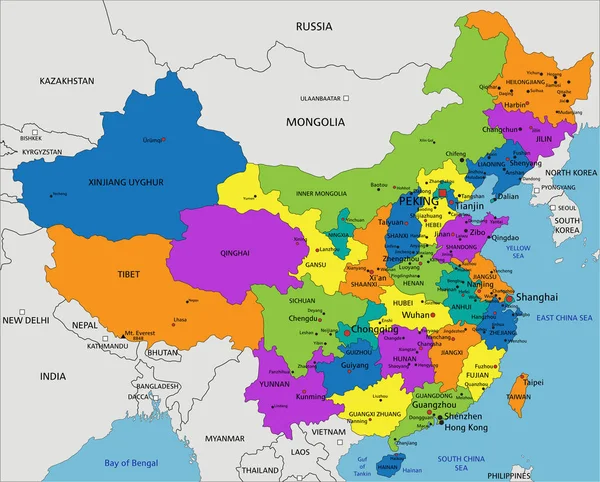 Bunte Politische Landkarte Chinas Mit Klar Beschrifteten Getrennten Ebenen Vektorillustration — Stockvektor