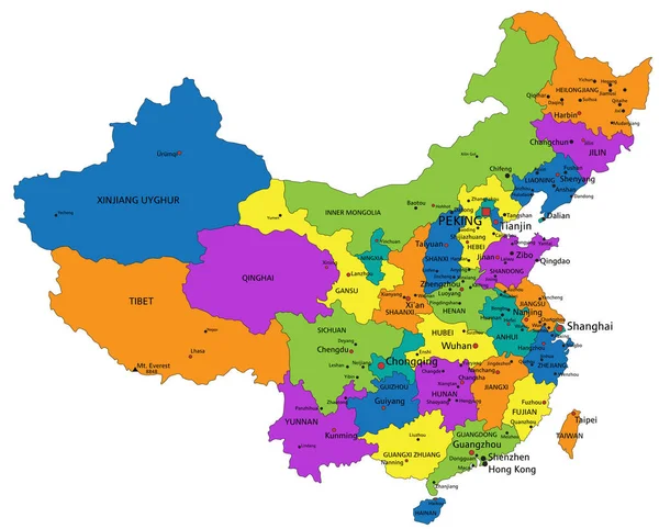 明確にラベル付けされたカラフルな中国の政治地図 分離層 ベクターイラスト — ストックベクタ