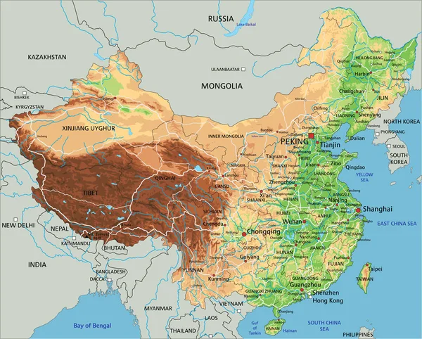 Alta Mappa Fisica Dettagliata Della Cina Con Etichettatura — Vettoriale Stock