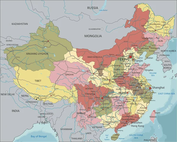 Дуже Детальна Політична Карта Китаю — стоковий вектор