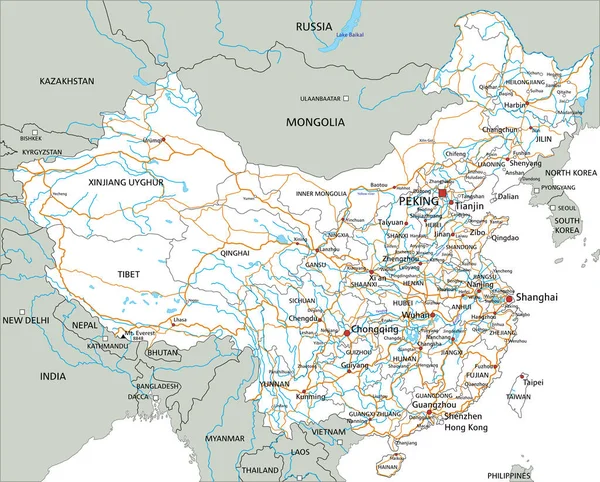 Υψηλή Λεπτομερής Χάρτης Πορείας Της Κίνας Σήμανση — Διανυσματικό Αρχείο