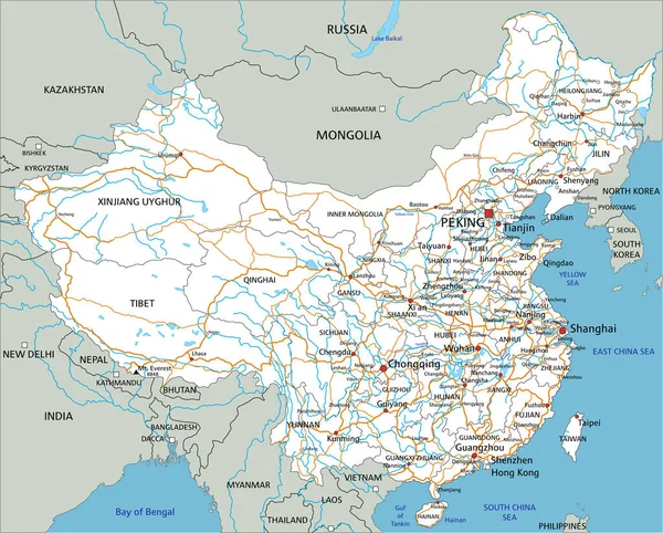 Hohe Detaillierte China Roadmap Mit Beschriftung — Stockvektor