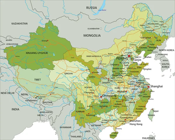 Vysoce Podrobná Upravitelná Politická Mapa Oddělenými Vrstvami Čína — Stockový vektor