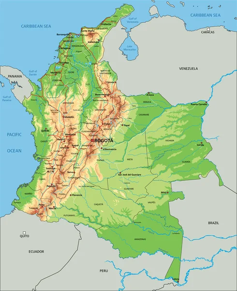 Hoch Detaillierte Physische Landkarte Kolumbiens Mit Beschriftung — Stockvektor