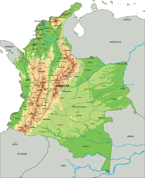 Mapa Físico Colômbia Altamente Detalhado Com Rotulagem —  Vetores de Stock