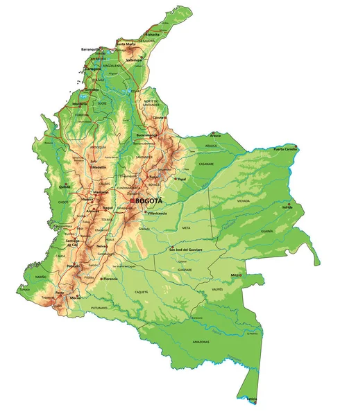 Hoch Detaillierte Physische Landkarte Kolumbiens Mit Beschriftung — Stockvektor