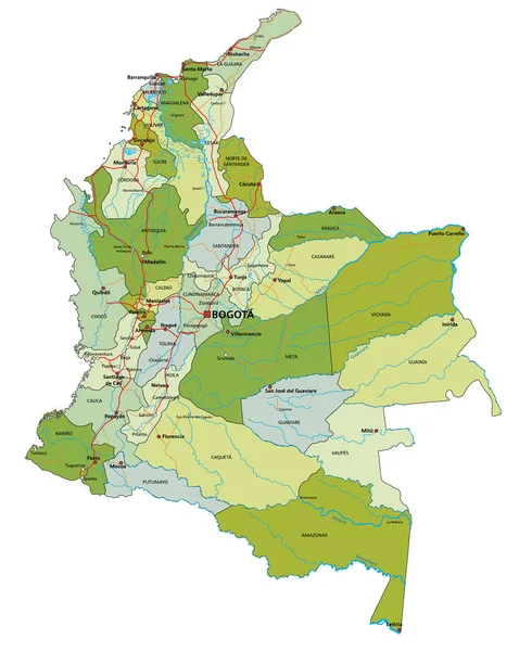 Carte Politique Modifiable Très Détaillée Avec Des Couches Séparées Colombie — Image vectorielle