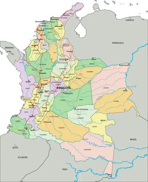 Colombia Mapa Político Editable Altamente Detallado Con Etiquetado — Vector de stock