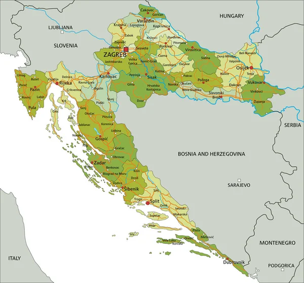 Εξαιρετικά Λεπτομερής Επεξεργάσιμος Πολιτικός Χάρτης Ξεχωριστά Στρώματα Κροατία — Διανυσματικό Αρχείο