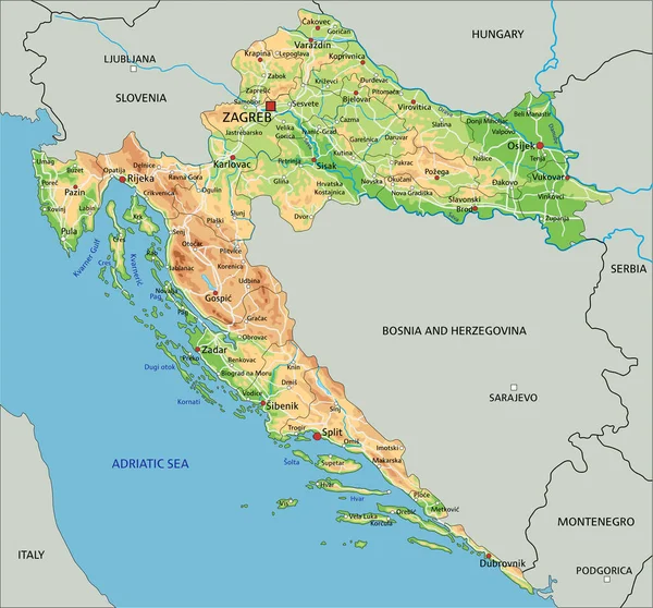 Физическая Карта Хорватии Маркировкой — стоковый вектор