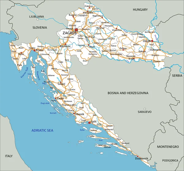 Hohe Detaillierte Kroatien Roadmap Mit Beschriftung — Stockvektor