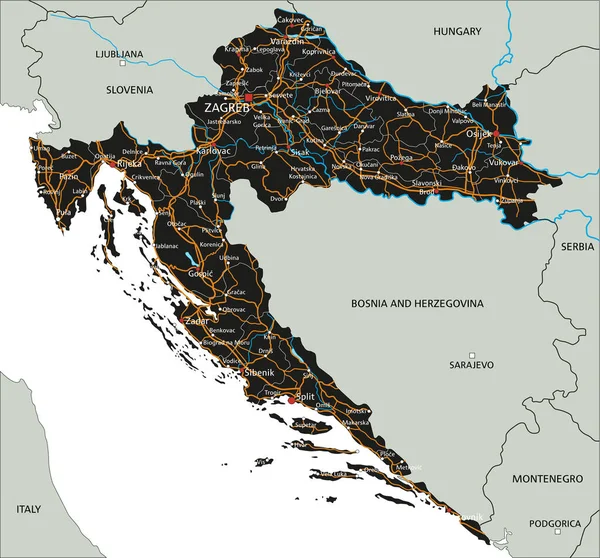 Hoge Gedetailleerde Kroatische Routekaart Met Etikettering — Stockvector