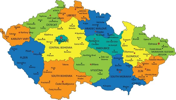 Πολύχρωμος Πολιτικός Χάρτης Της Τσεχικής Δημοκρατίας Σαφώς Χαρακτηρισμένα Διαχωρισμένα Στρώματα — Διανυσματικό Αρχείο