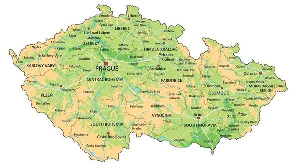 チェコ共和国の詳細な地図ラベル付き物理地図 — ストックベクタ