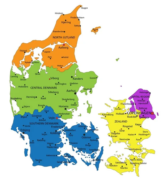 はっきりとラベル付けされた独立した層を持つカラフルなデンマークの政治地図 ベクターイラスト — ストックベクタ