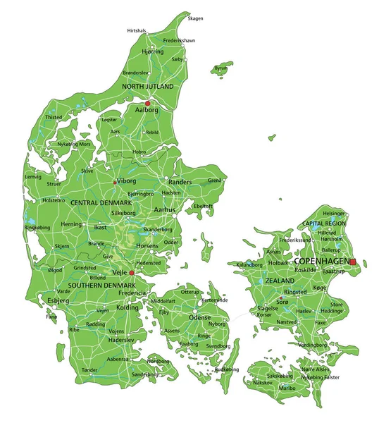 Alta Mappa Fisica Dettagliata Della Danimarca Con Etichettatura — Vettoriale Stock