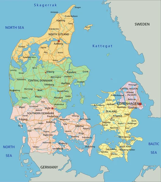 Дания Подробная Редактируемая Политическая Карта Маркировкой — стоковый вектор