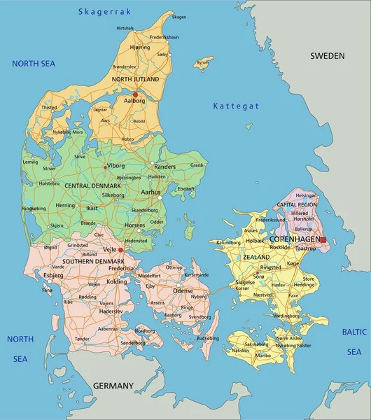 Danemark Carte Politique Éditable Très Détaillée Avec Étiquetage — Image vectorielle