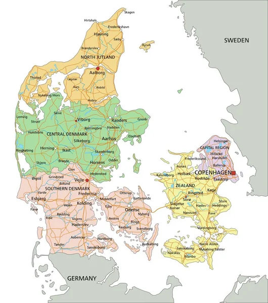 Danemark Carte Politique Éditable Très Détaillée Avec Étiquetage — Image vectorielle