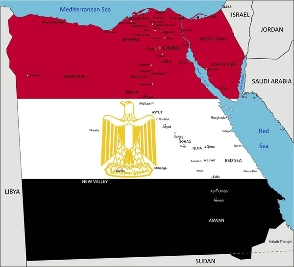 Egipto Mapa Político Altamente Detallado Con Bandera Nacional Aislada Sobre — Vector de stock