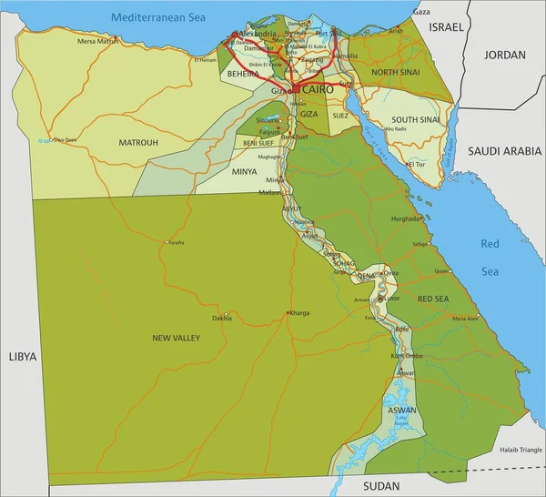 Zeer Gedetailleerde Bewerkbare Politieke Kaart Met Gescheiden Lagen Egypte — Stockvector
