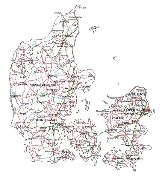 デンマークの道路や高速道路地図 ベクターイラスト — ストックベクタ