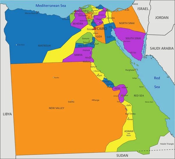 Colorido Mapa Político Egipto Con Capas Claramente Etiquetadas Separadas Ilustración — Archivo Imágenes Vectoriales