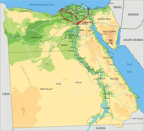 Mapa Físico Egipto Altamente Detallado Con Etiquetado — Vector de stock