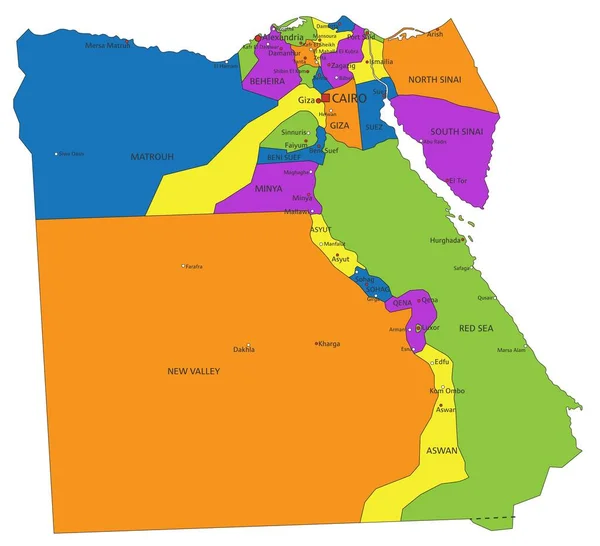 色彩斑斓的埃及政治地图 有清晰的标签和分隔的层次 矢量说明 — 图库矢量图片