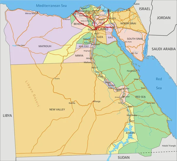 Egipto Mapa Político Editable Altamente Detallado Con Etiquetado — Archivo Imágenes Vectoriales