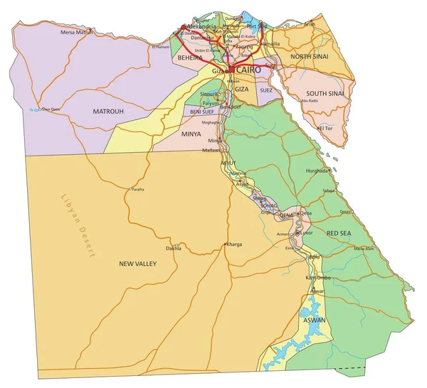 Ägypten Sehr Detaillierte Editierbare Politische Landkarte Mit Beschriftung — Stockvektor