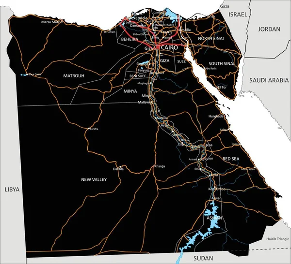 Υψηλή Λεπτομερής Χάρτης Της Αιγύπτου Δρόμο Σήμανση — Διανυσματικό Αρχείο
