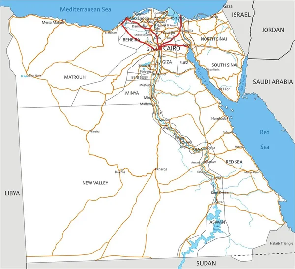 Alta Hoja Ruta Detallada Egipto Con Etiquetado — Vector de stock