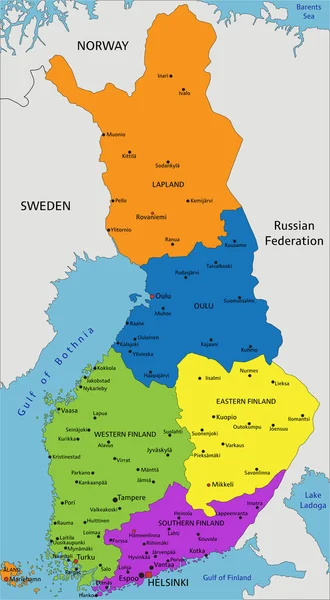 Kolorowa Fińska Mapa Polityczna Wyraźnie Oznakowanymi Oddzielnymi Warstwami Ilustracja Wektora — Wektor stockowy