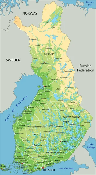 高度详细的芬兰物理地图 附有标签 — 图库矢量图片